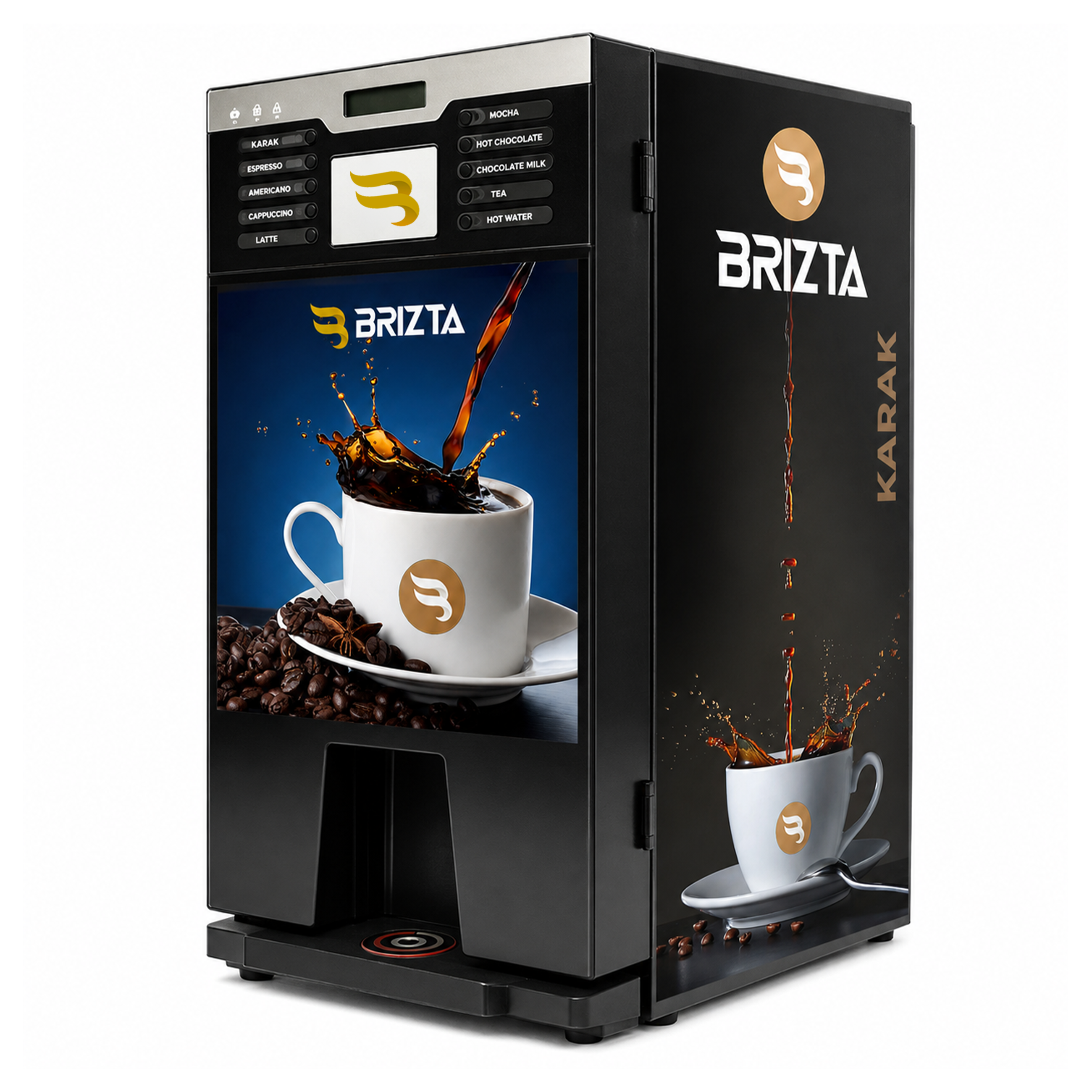 MINIFRESH 4K GD coffee vending machine by Awafia with a sleek black design, digital beverage selection panel, and coffee cup and bean graphics.