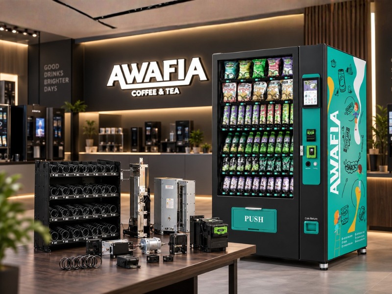 Snack vending machine spare parts featuring coil racks, motors, and bill acceptors beside a fully stocked machine.