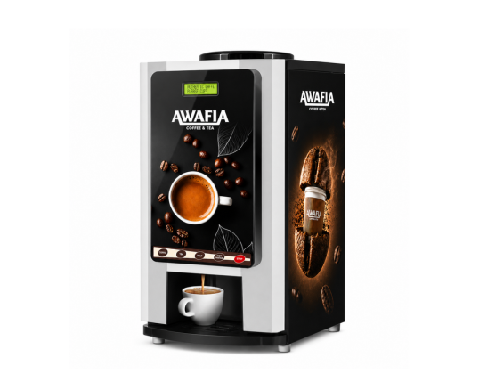ATLANTIC coffee vending machine by Awafia, featuring a sleek black-and-silver design for convenient coffee preparation.