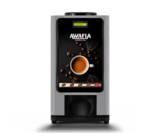 ATLANTIC coffee vending machine by Awafia with a sleek black and silver design, touchscreen-style beverage panel, and coffee cup display.