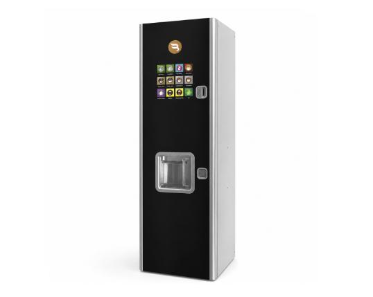 Azkoyen – Zintro coffee vending machine with a slim black and white design, touchscreen beverage selection panel, and front dispensing area.