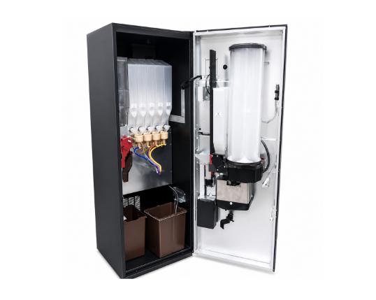 Coffee vending machine interior showing ingredient containers, dispensing components, tubing, and waste collection bins with the front door open.