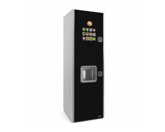Commercial coffee vending machine interior with ingredient hoppers and tubing