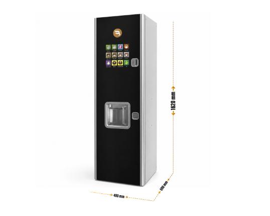Azkoyen – Zintro coffee vending machine with an open front panel showing ingredient containers, dispensing components, tubing, and internal waste bins.
