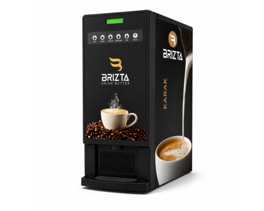 BRIZTA 3300 coffee vending machine with a sleek black design, digital beverage selection panel, and coffee cup and bean graphics.