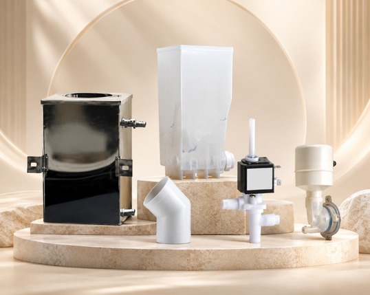 Coffee vending machine spare parts including a stainless steel boiler, plastic containers, and valves. 