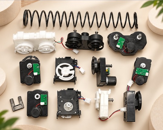 Coffee vending machine spare parts including motors, gears, a metal spring coil, and electronic components.