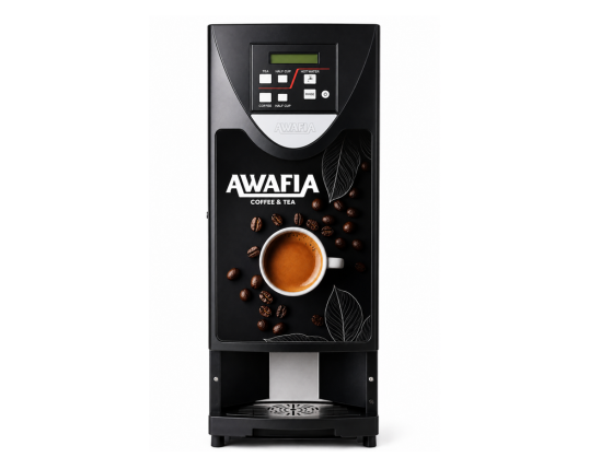 EXCELLA 2200 coffee vending machine by Awafia with a sleek black design, digital control panel, and coffee cup and bean graphics.