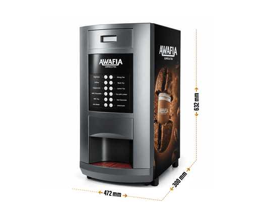 MINIFRESH 4400 coffee vending machine by Awafia with a sleek silver and black design, digital beverage selection panel, and compact dimensions display.