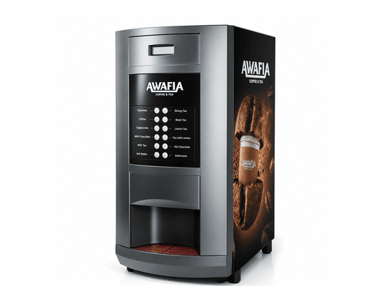 MINIFRESH 4400 coffee vending machine by Awafia with a sleek silver and black design, digital beverage selection panel, and compact dimensions display.